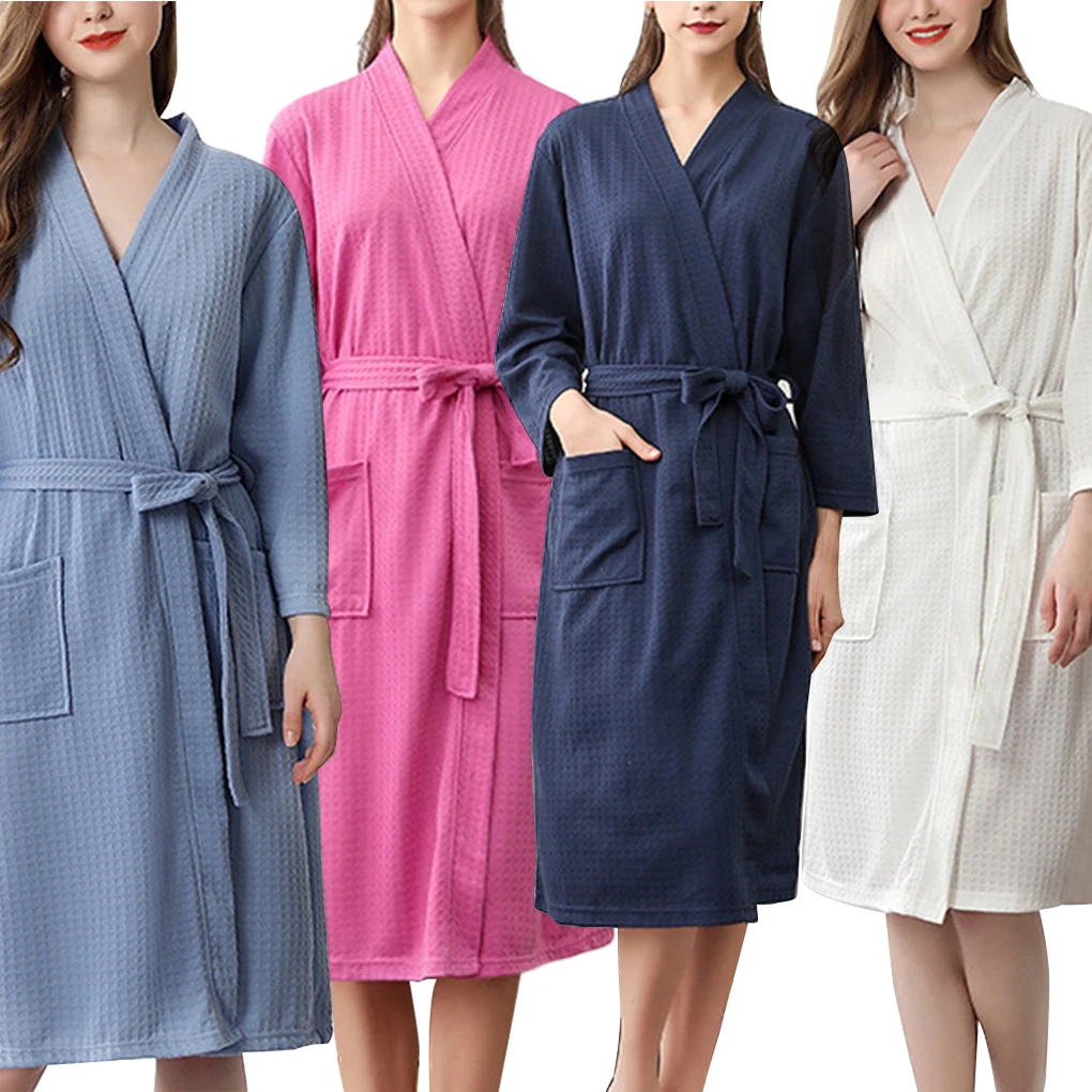 Women Water Absorption Bath Robe Solid Waffle Bathrobe Spa Home Dress Nightgown