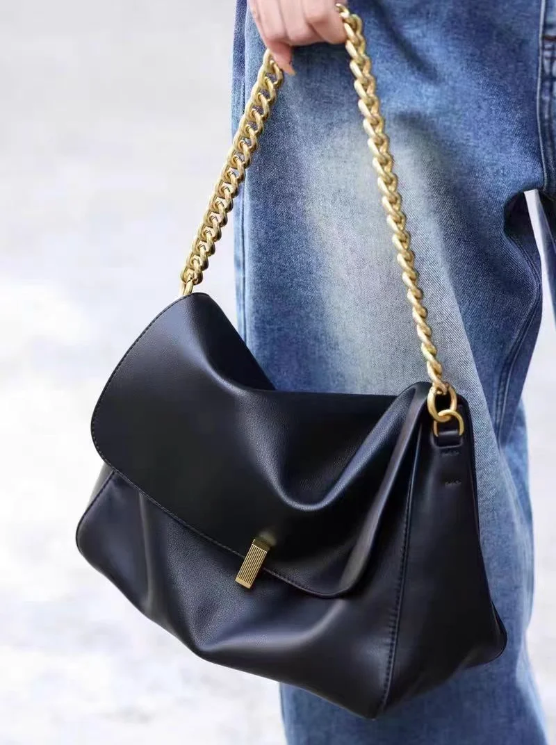 

Роскошная кожаная сумка через плечо с клапаном из натуральной кожи, однотонная кожаная женская сумка через плечо, стильная женская дизайнерская сумка-цепочка