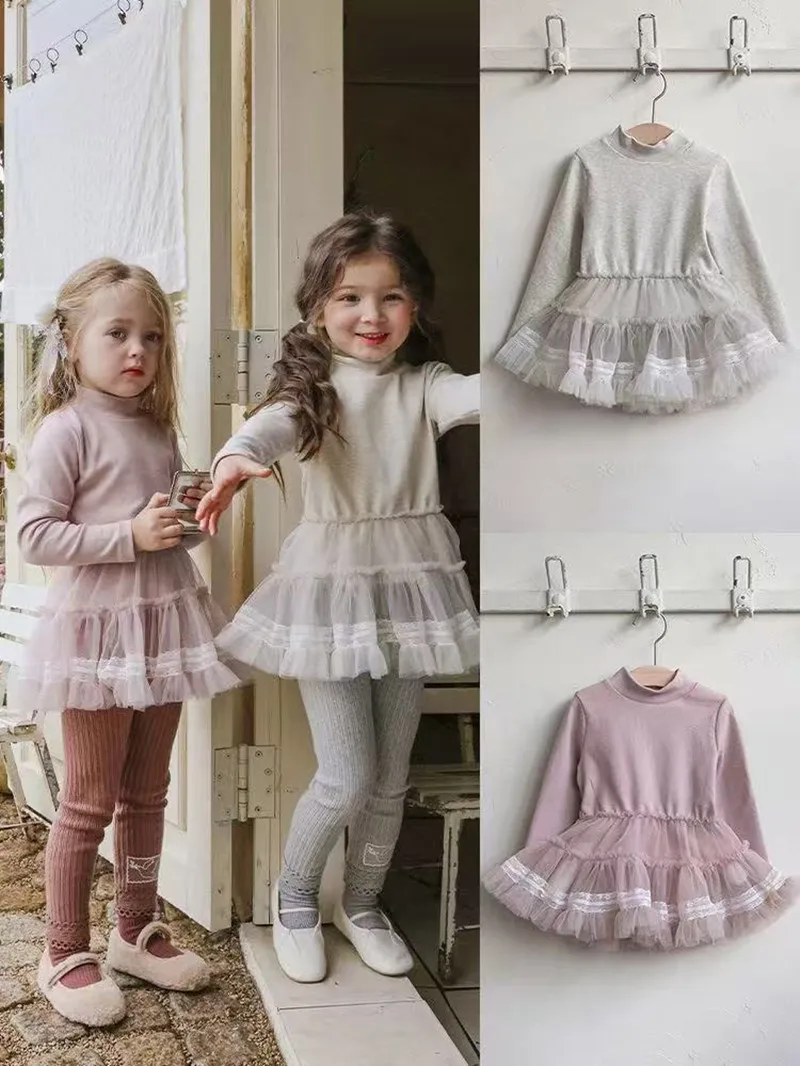

2-7 Years Kids Winter Collection Korean Girls' Fashionable Lace Tulle Hem Fleece-Lined Long-Sleeved Princess Dress 90-150cm