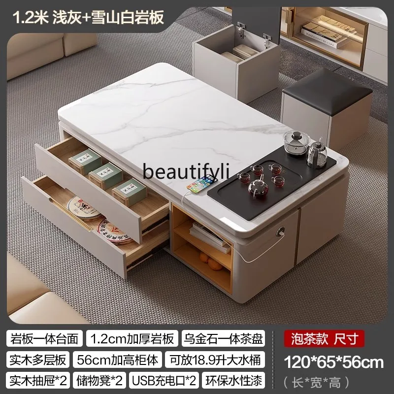 Solid wood kung fu coffee table living room household multifunctional tea table with induction cooker hot pot