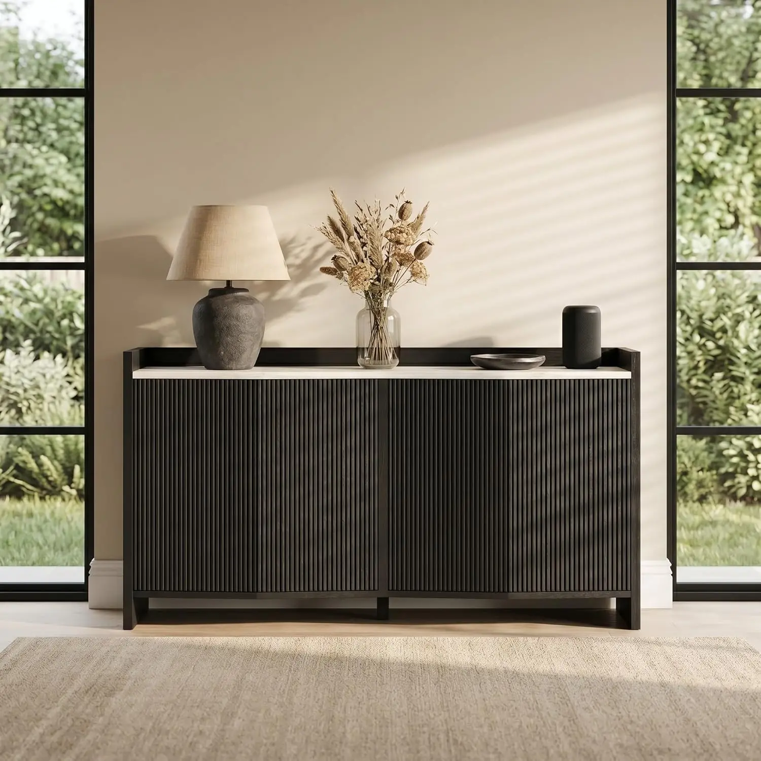 

70 Inch Black Sideboard Buffet Cabinet With Storage, Modern Credenza Console Table With Fluted Doors and Adjustable, Customized
