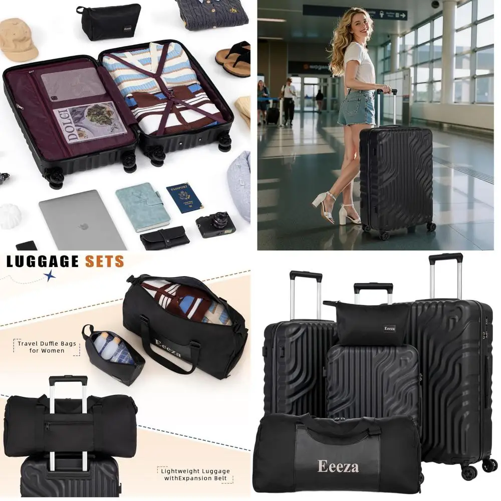 

Набор чемоданов из 5 предметов из АБС-пластика с легким жестким корпусом, замком TSA и вращающимися колесами (черный, 20/24/28/DB/TB)