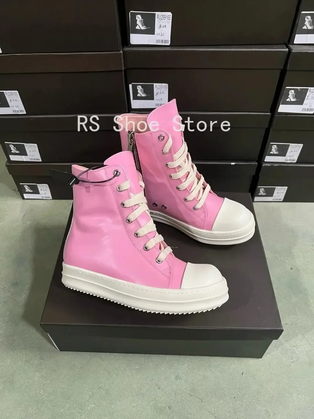 

Ro Luxury Boot Pink Leather High Top Shoe Design Sneaker Men Shoes Zipper Women Ankle Boots Suede Casual Sneakers
