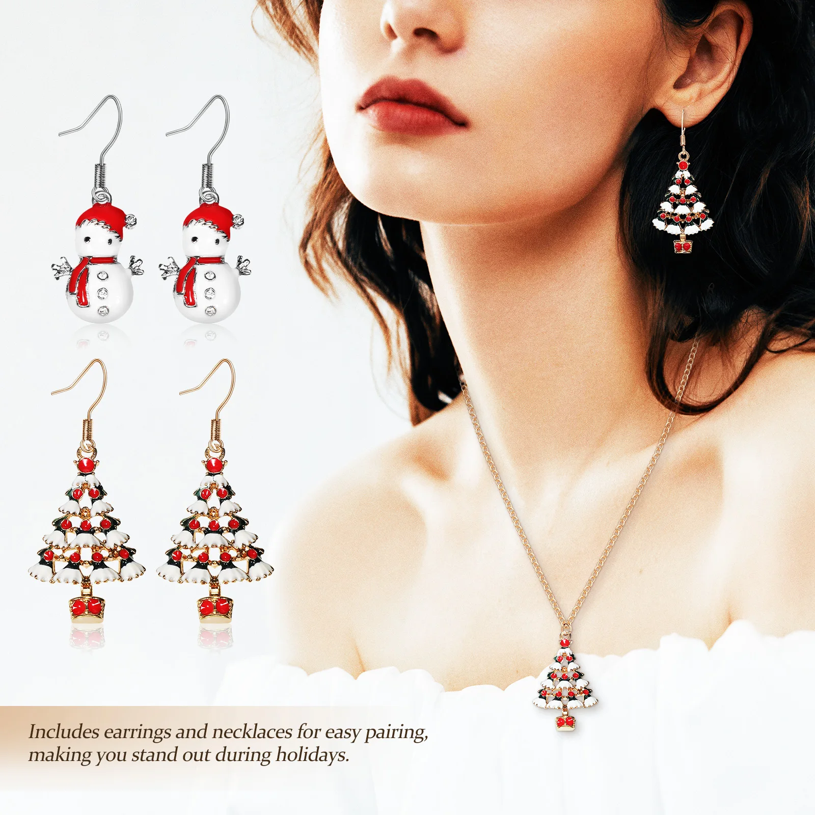

2Set Christmas Necklace Earrings Set Snowman Tree Design Exquisite Appearance Versatile Use Women Jewelry Festival