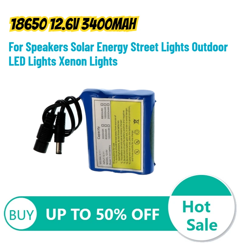 

Литиевая аккумуляторная батарея 18650 12.6В 3400мАч для колонок, солнечных уличных фонарей, наружных светодиодных светильников, ксеноновых фонарей, перезаряжаемая батарея