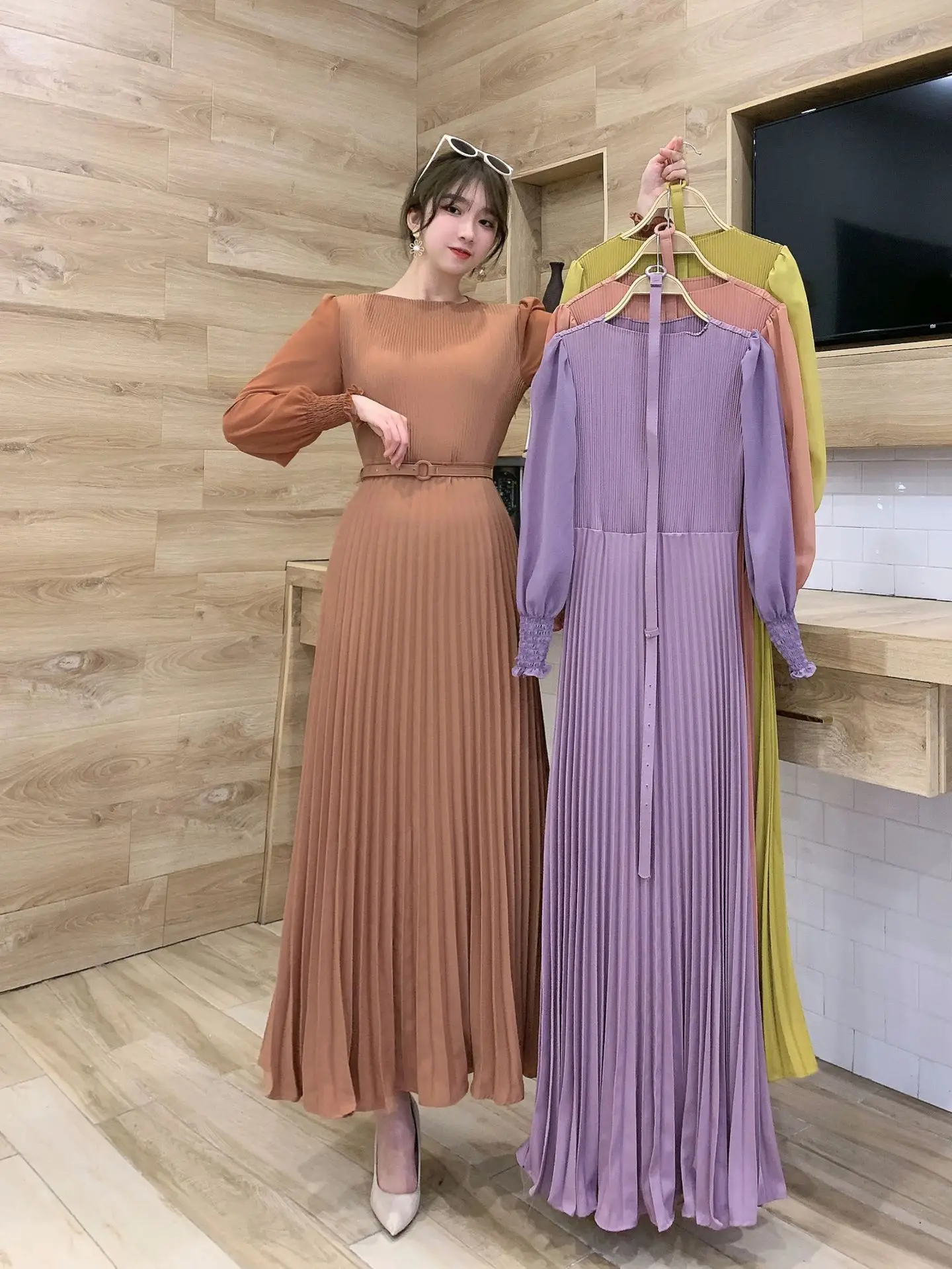 Women Slim Pleated Maxi Dress with Belt Female Streetwear Vintage dress Tie Front Dress  Robe