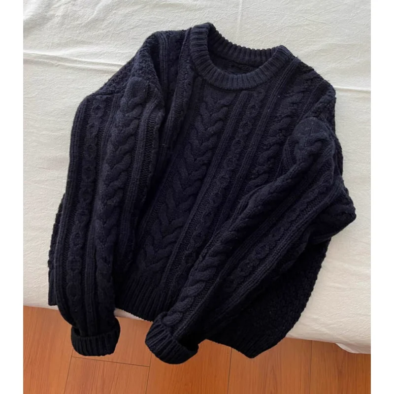 

Women Clothing Korean Navy Blue Knitting Sweater Round neck Long Sleeves Vintage Casual Korean Fashion Baggy Ladies Spring Tops