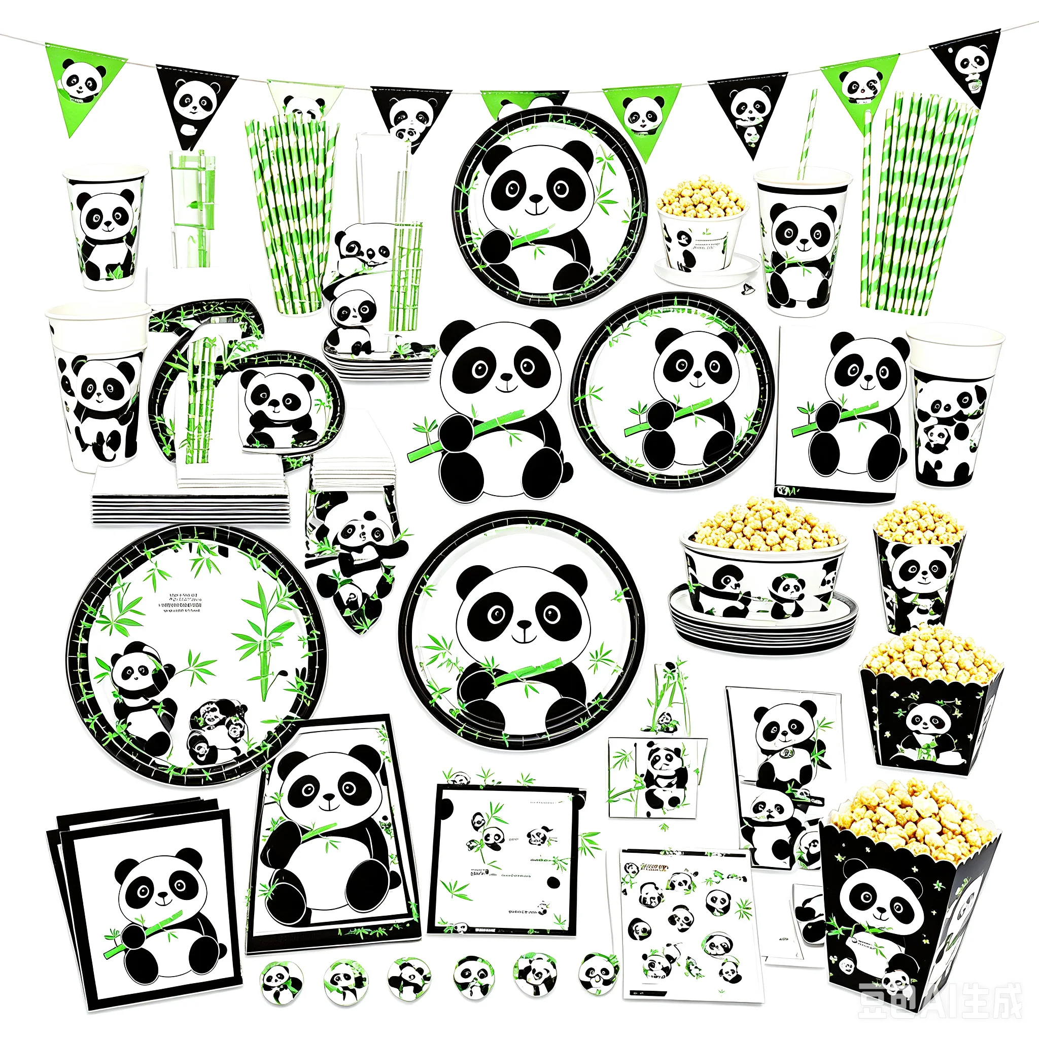 Cute Panda Theme Party Supplies Birthday Party Tableware Set Panda Theme Dress Background Flag Pulling Birthday Hat Tablecloth