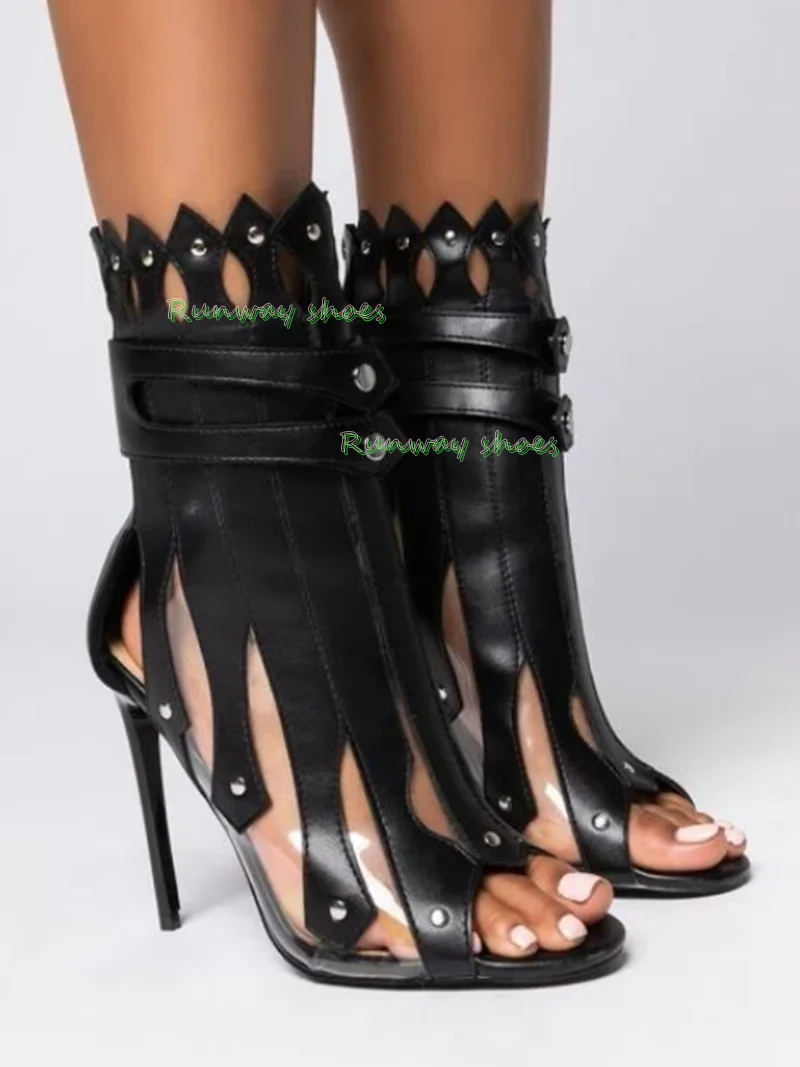 Women's Cutout Gladiator Medium Tube High Heels Sandals Rivet Buckle Stilettosparty Ankle Boots Black Shape Combination Decorate