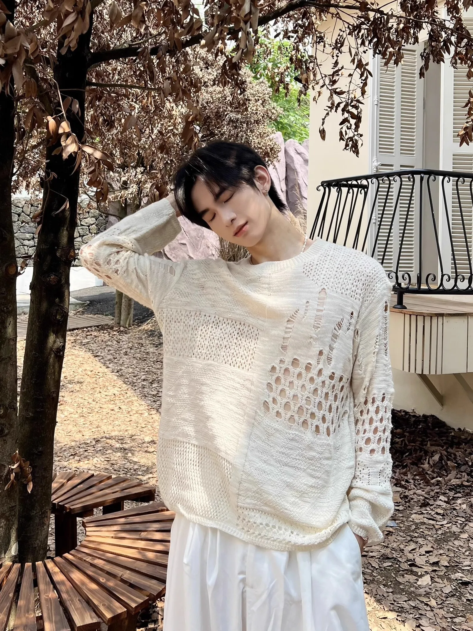 

Retro Hollow out Design Knitted Sweater Men's Faionable Autumn Loose Fit Breathable Polyester Long Sve round Ne Casual