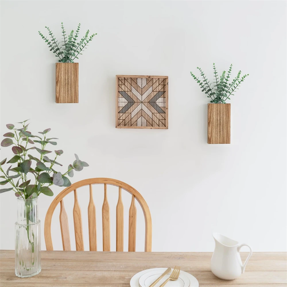 2 Pack Wood Wall Planter Vase with Artificial Eucalyptus Farmhouse Wall Hanging Planter for Dried Flowers in Living Room Bedroom