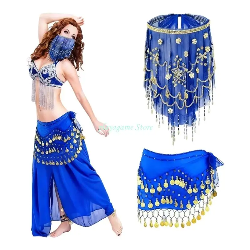 Y88A 2 قطعة أزياء الرقص الشرقي الرقص الشرقي وشاح الورك القبلية حجاب الوجه مع الترتر المطرز الراقصة الزي مجموعة للمرأة