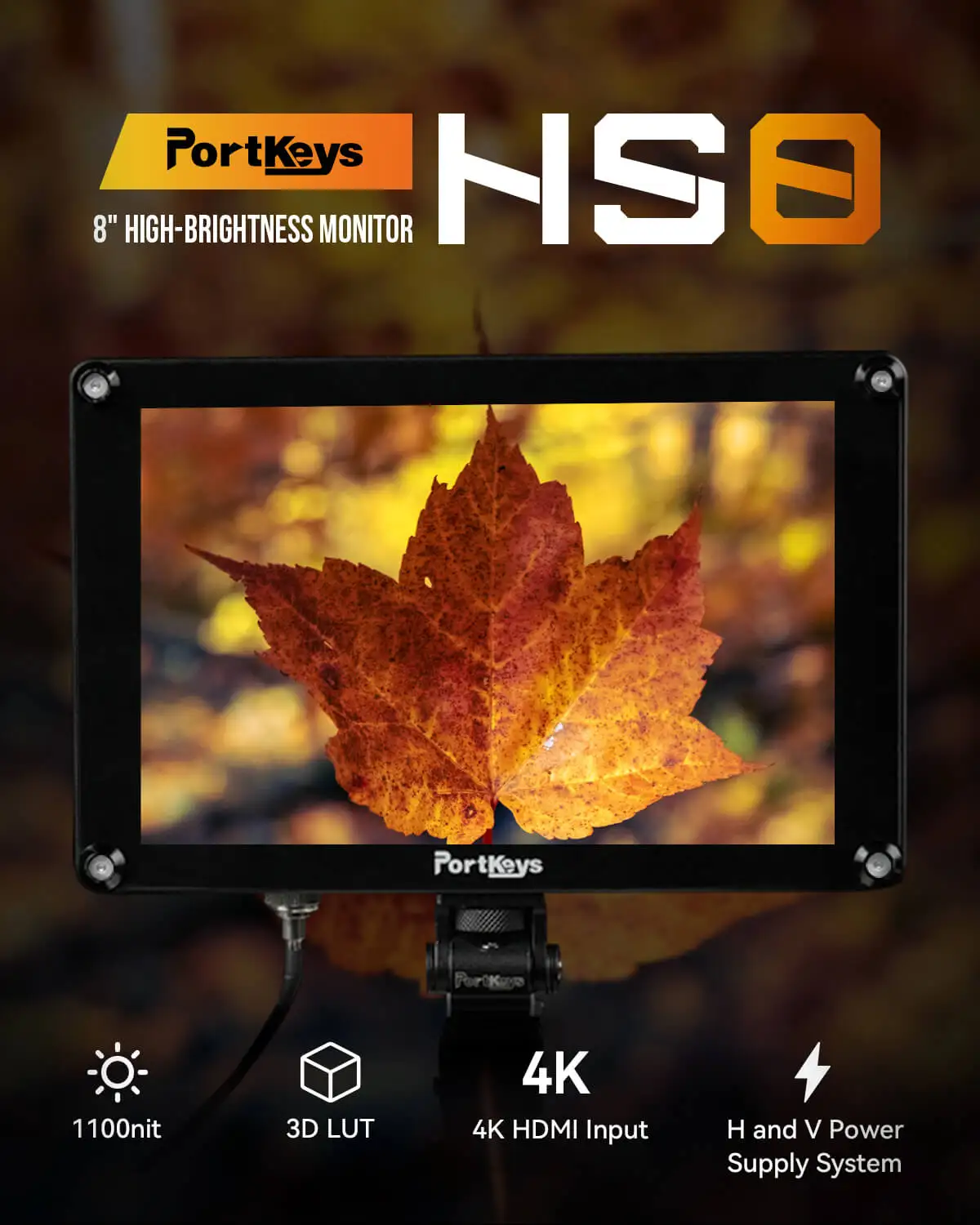 Portkeys HS8 8″ 8 Inch Monitor 3D LUT 4k HDMI-compatible 1100nit Ultra-brightness 3D LUT Support 1920*1200 Camera Field Monitor