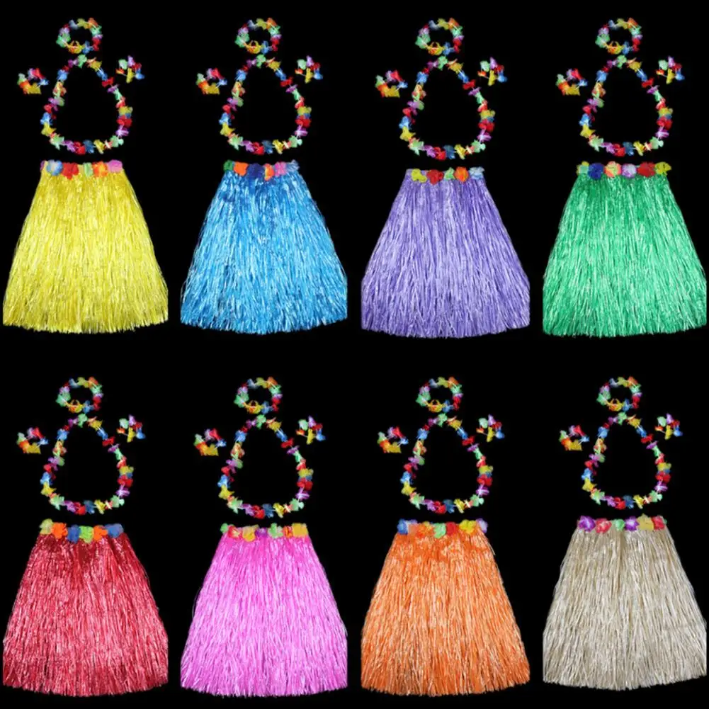 Hawaiian Grass Hula Skirt Set Girl Necklace Garland Bracelet Hula Skirt Costume Halloween Dance Performance Suit Grass Skirt