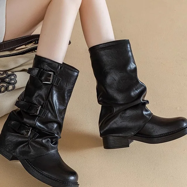 

Women's Western Knight Leather Cuff Boots Mid-Calf Short Booties Denim Thickened mid Heel round ToeTPR Outsole All Season