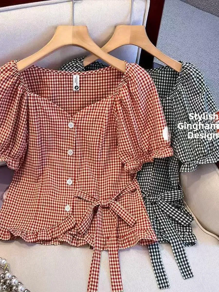 camisa-xadrez-feminina-estilo-coreano-doce-com-cinto-manga-bufante-bolso-curto-e-lenco-de-bolso-–-nova-chegada-de-verao