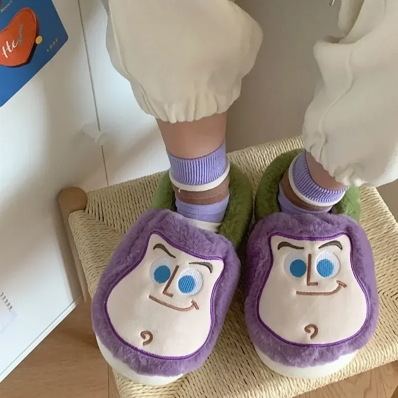 Original Disney Toy Story Buzz Lightyear Couple Cotton Slippers Wear Plush Cotton Shoes Y2k Men And Women In Winter 36-45cm Cute