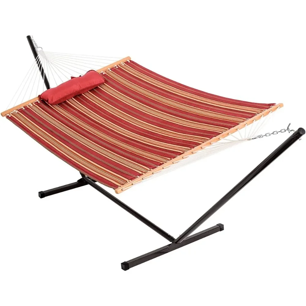 

Quilted Fabric Hammock with 12ft Stand, Double with Pillow, For Outdoor Outdoor Patio, Garden, Backyard Free Shipping