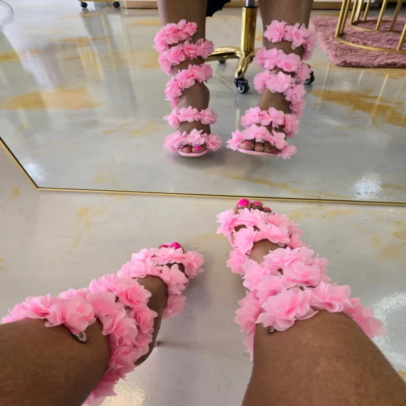 صنادل نسائية من التول Strappy صنادل صيفية عصرية بمقدمة مستديرة صنادل صيفية مزهّرة عند الكاحل أحذية ملهى ليلي 43 #6