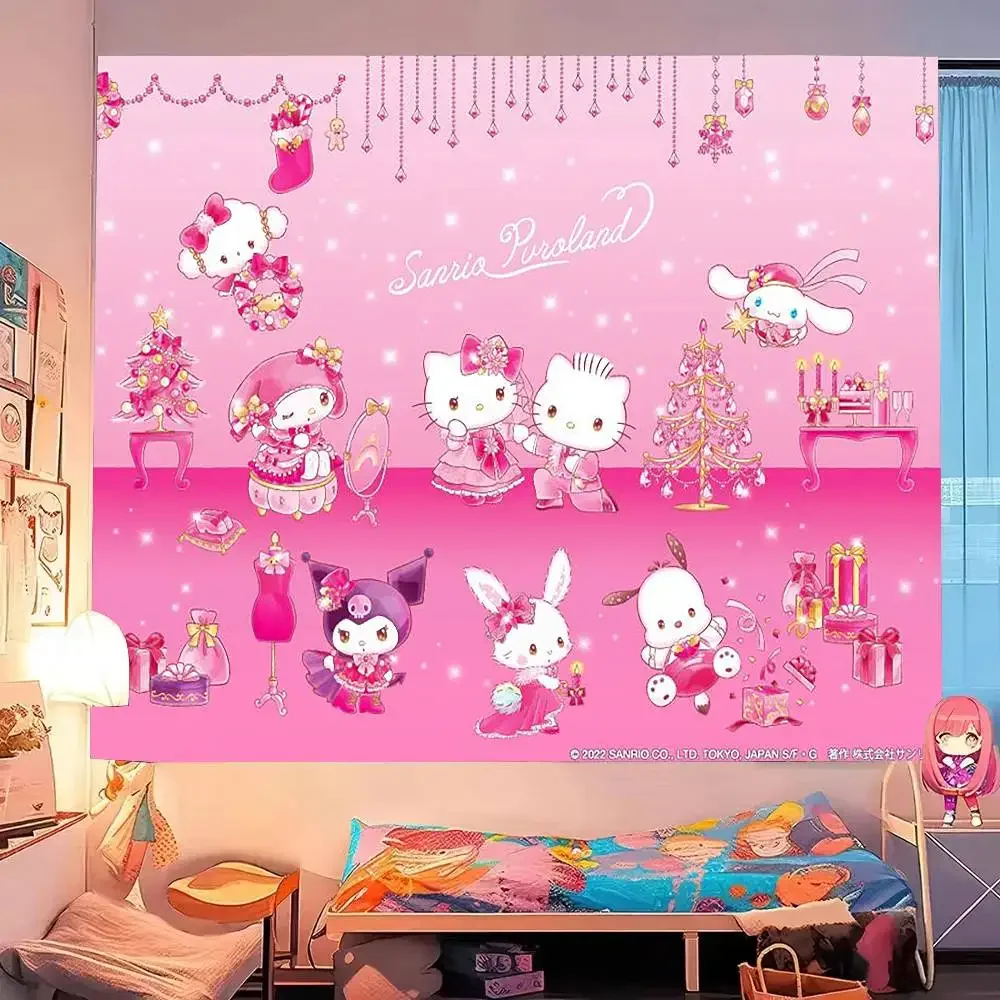 سانريو كارتون لطيف H-Hello Kitty K-Kuromi C-Cinnamoroll نسيج الديكور غرفة نوم عنبر خلفية القماش عطلة المنزل