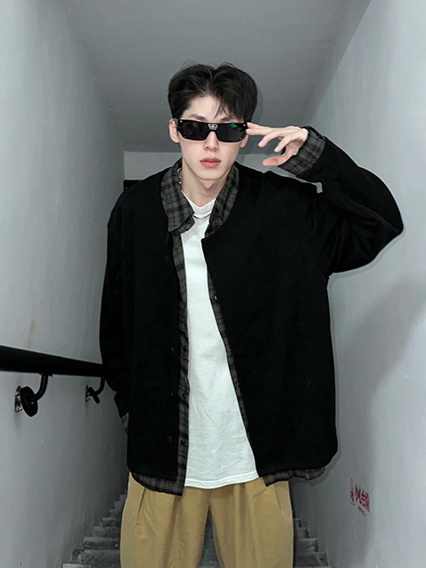 Men's Knitted Long Sleeve Shirt Jacket Plaid Splicing Open Cardigan Outerwear Cleanfit Collar Autumn Early Fashion Casual Wear