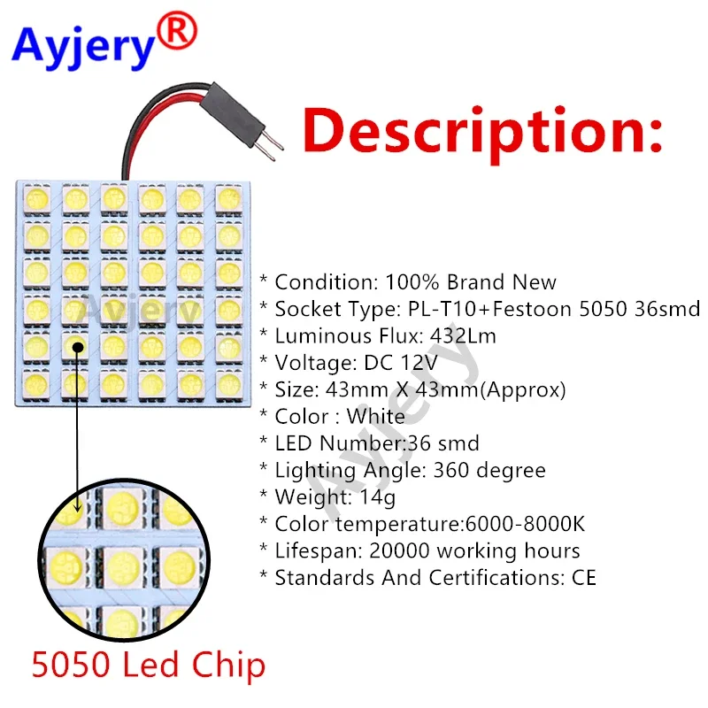 AYJERY 100pcs 12V White Led Panel Festoon Dome Reading Interior Light Accessories 36 SMD 5050 T10 C5w Adapter Car Auto Lamp