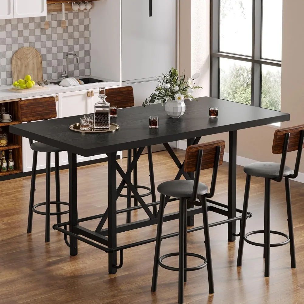Bar Table, Industrial Counter Height Pub Table with Metal Footrest, 63-Inch Rectangle Wood Kitchen Dining Table with