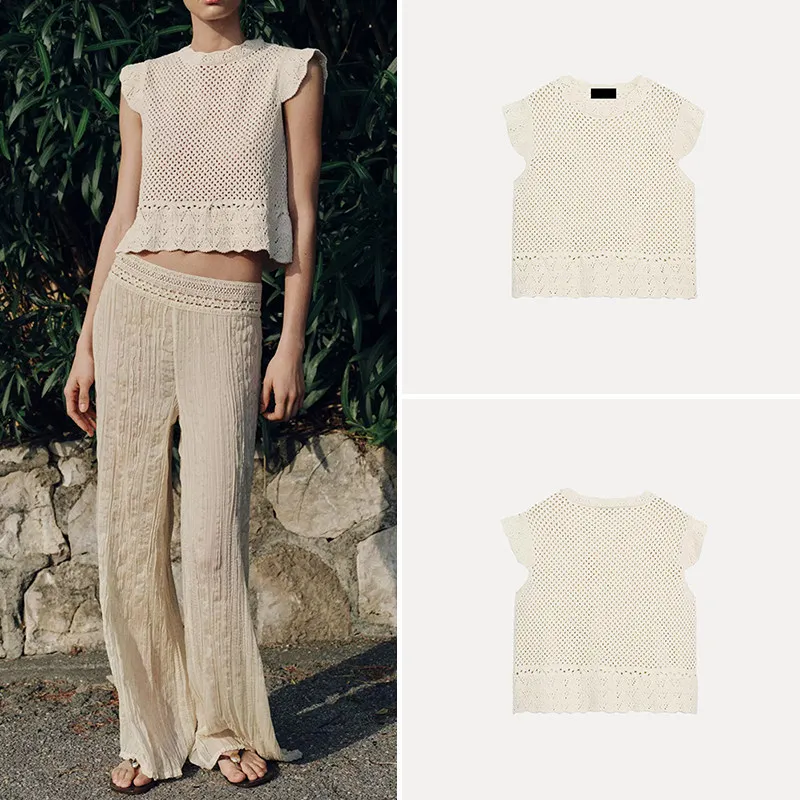 

Women's Summer Knitted Hollow out round Neck Sleeveless Top Fashionable Casual Wear ZADATA Brand Comfortable Fit Short Sleeve