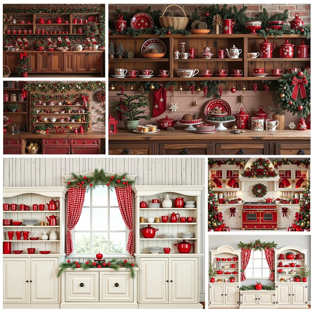 

MOON.QG Wood Red Cabinet Backdrops For Photography Kitchen Wreath Christmas 2025 Background Kids Photo Studio Poster Photography