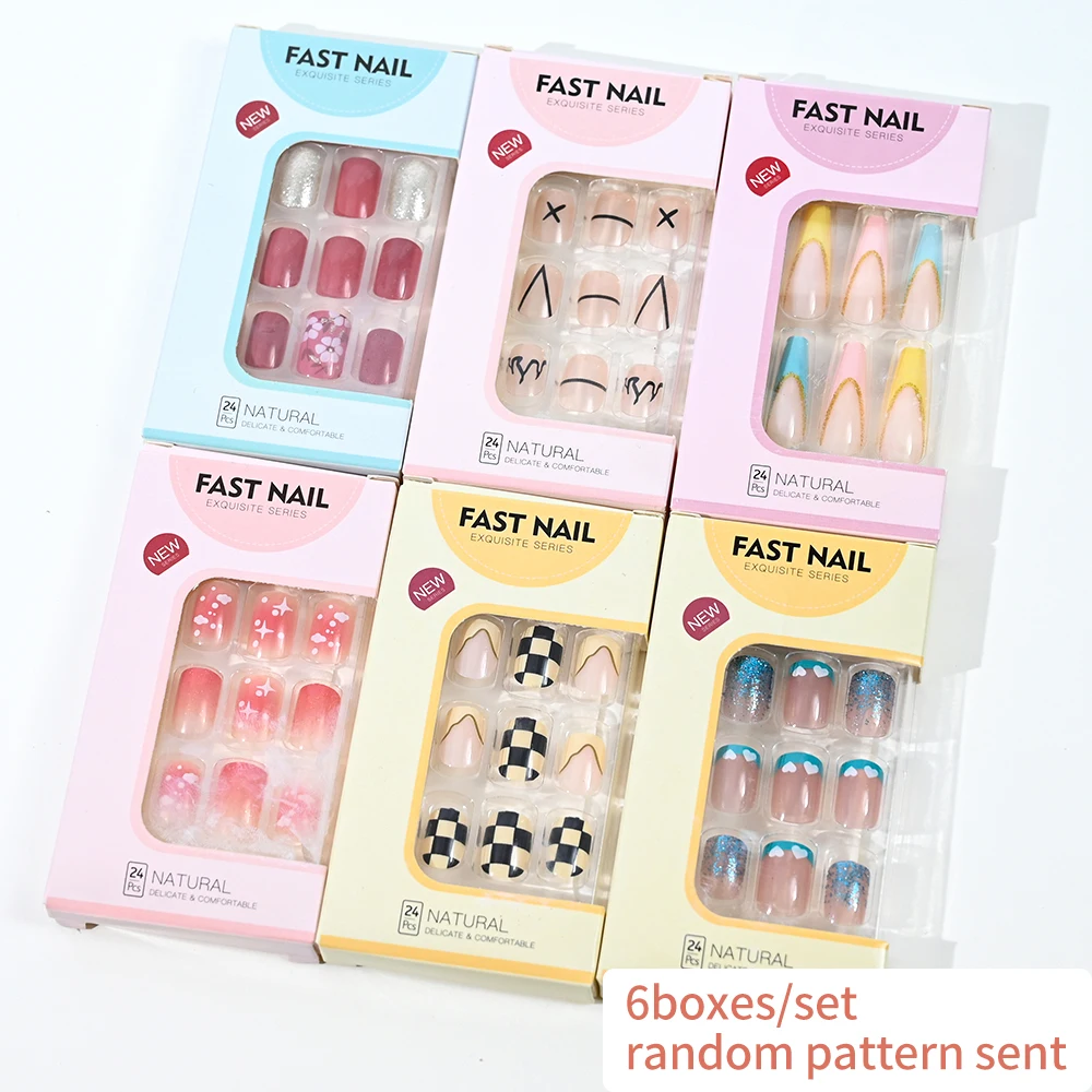 6packs(144pcs) Short Square Press On Nails Mixed Design Fake Nails Full Cover Ballerina False Nails For Women & Girls #Random *&