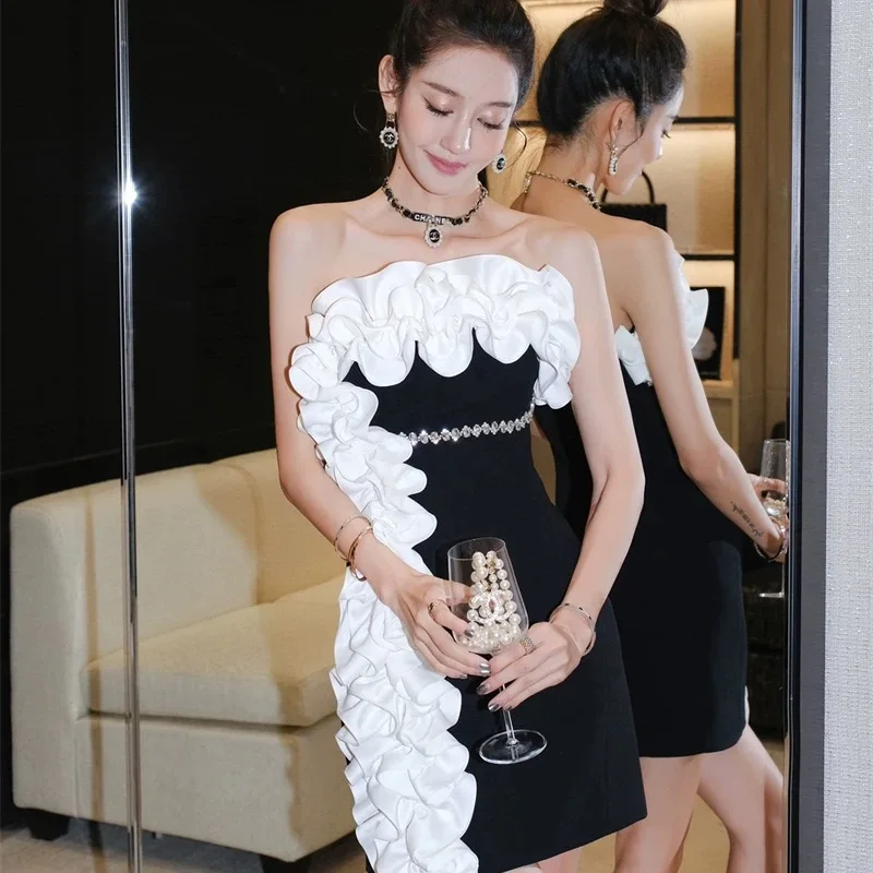 Rheinstone Diamond Women Luxury Dress Lady Elegant Design Patchwork Strapless Dresses Female Banquets Date Dinner Party Dress