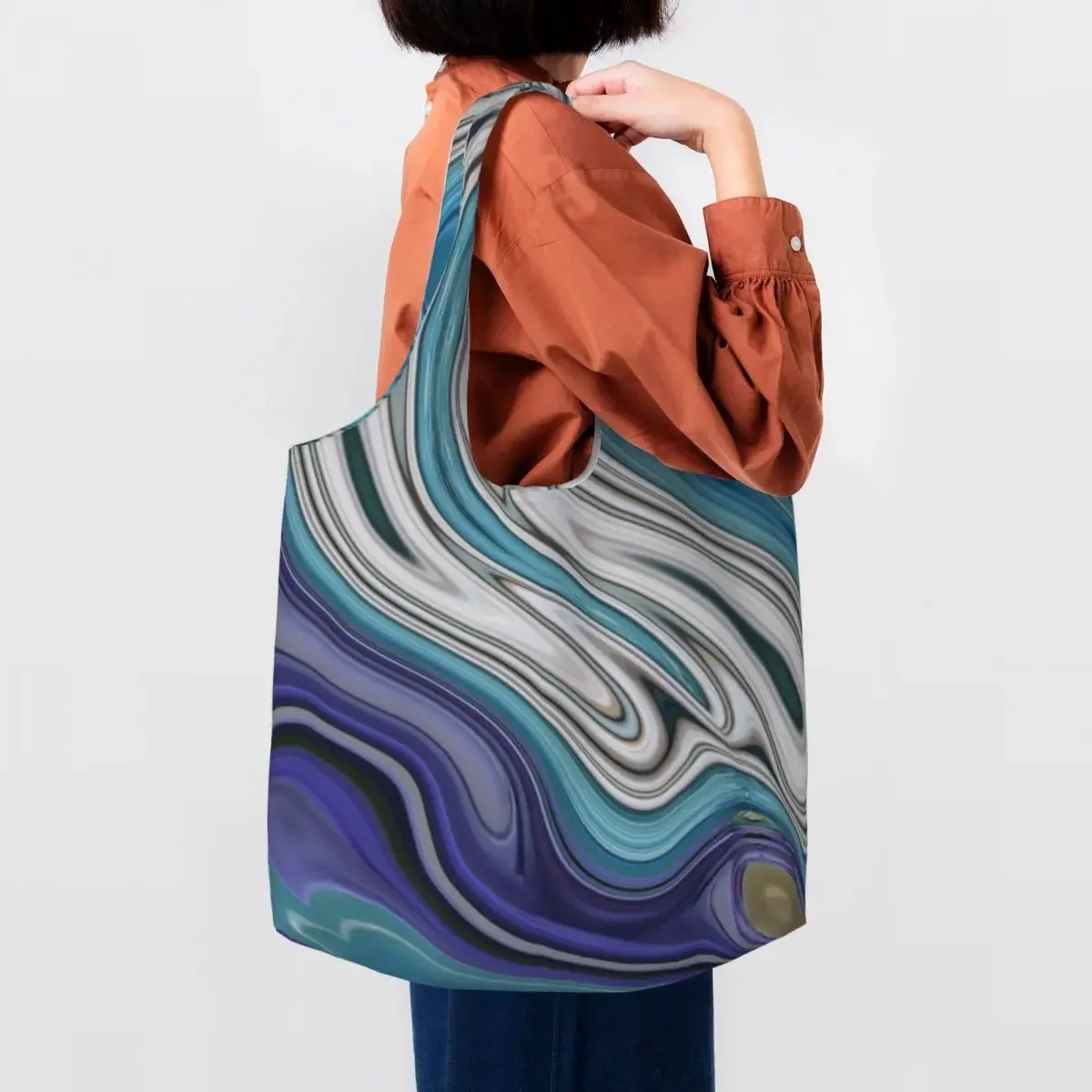 

Custom Modern Chic Blue Purple Marble Swirls Grocery Shopping Tote Bag Women Canvas Shoulder Shopper Bags Big Capacity Handbags