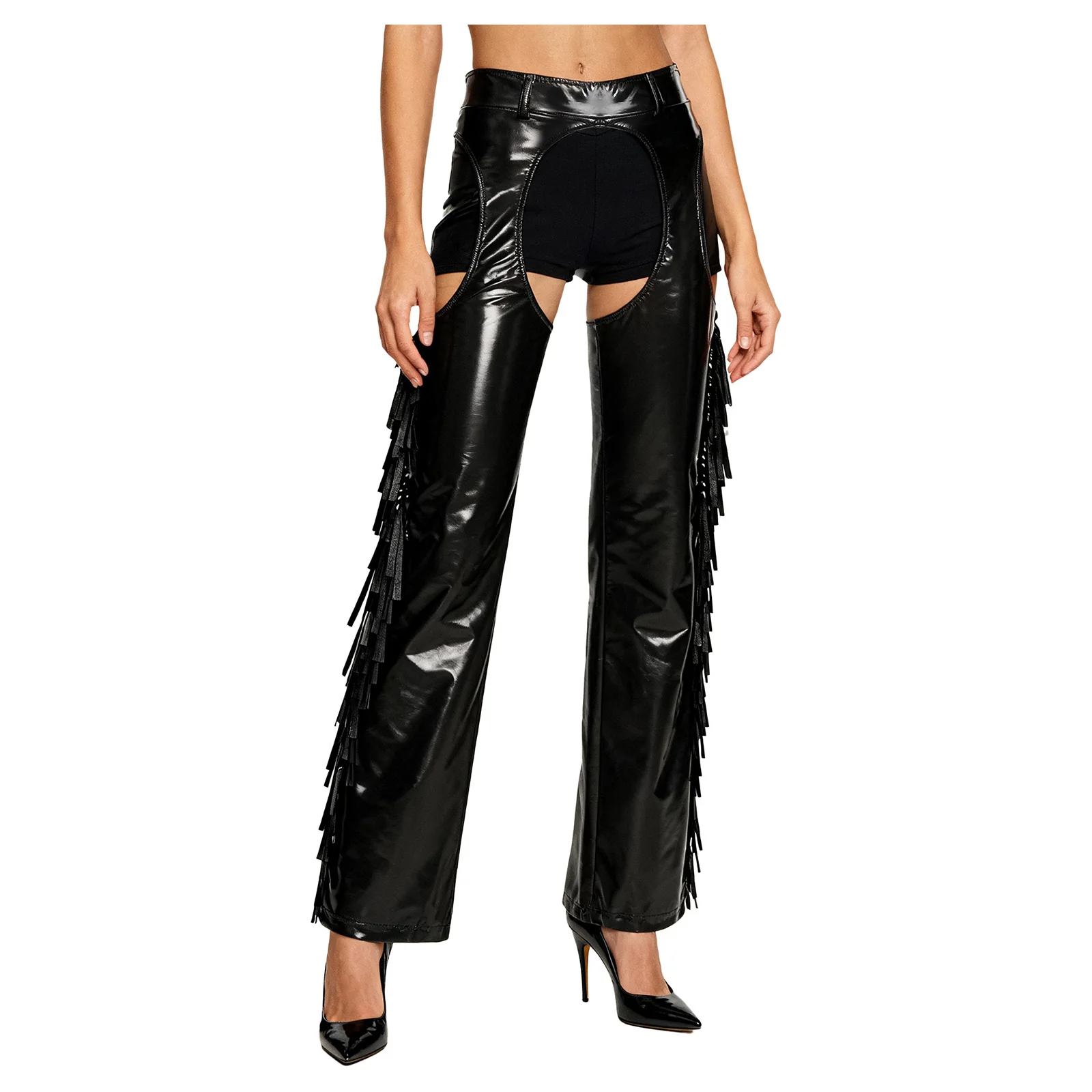 

Womens Bold Western Chaps Pants Glossy Hollow-out Crotch Shiny Tassel Side Seams Wide Leg Long Pants Cowgirl Party Clubwear