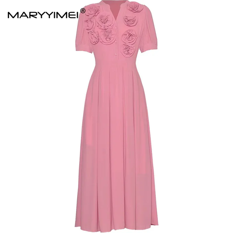 

MARYYIMEI Spring Summer Women's V-Neck Short Sleeved Solid color Appliques High Waiste Party Dresses