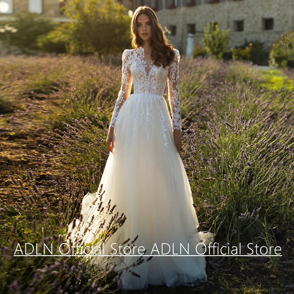 Romantisches Boho-Hochzeitskleid für die Braut der Frau, maßgeschneidert, lange Ärmel, durchsichtige Pailletten-Applikation, weicher Tüll, A-Linie-Brautkleid