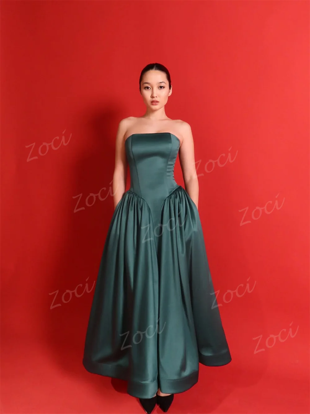 Zoci Princess Evening Dresses Green Strapless Patchwork Satin Long Prom Dresses Customized Formal Event Party Dress