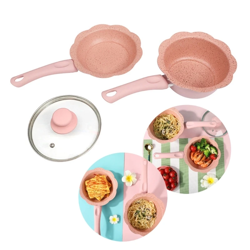 Nonstick Frying Pans Cooking Pots Multipurpose Milk Soup Stewing Pans Practical Dormitory Cookware with Glass Cover Lid