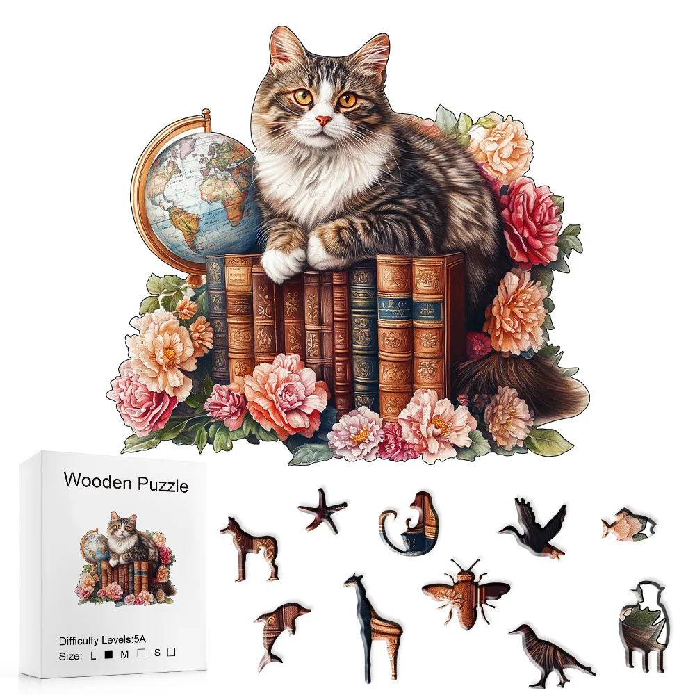 

Charming Cat Wooden Puzzle With Irregular Animal Shapes On the Bookshelf -Mixed Colors - Made Of Plywood Material - Perfect For
