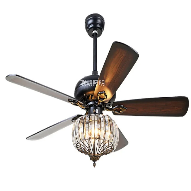 European Retro Bronze Iron Ceiling Fan Light Dinning Room Bedroom Living Room Amber Glass LED E27 Wood Leaf Fan lamp Fixture