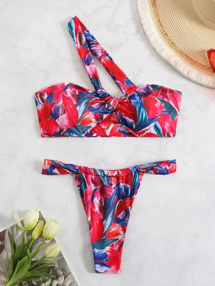 AOTVOTEE Sexy Print Enkele Schouder Bikini 2-delige set Vrouwen Split Badpak Strandvakantie Bikini 2025 Nieuwe Zomer Badmode Set