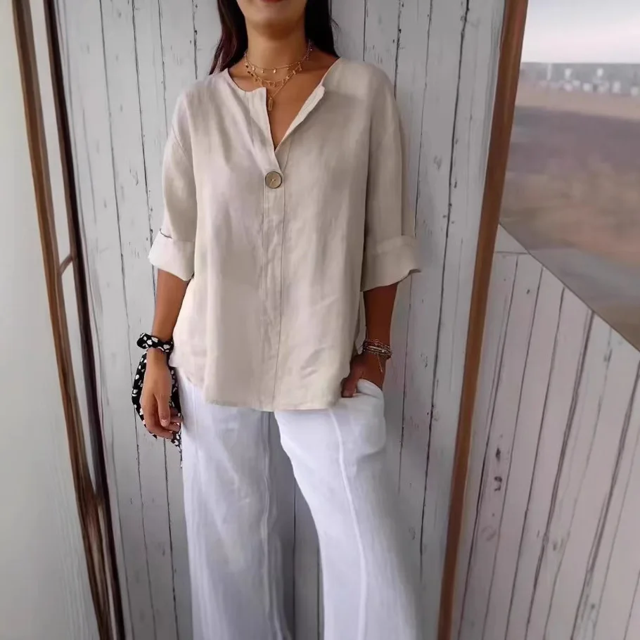 

New Natural Cotton and Linen Comfortable Shirt for Spring and Summer 2025 V-neck Button Long-sleeved Casual Shirt A Style