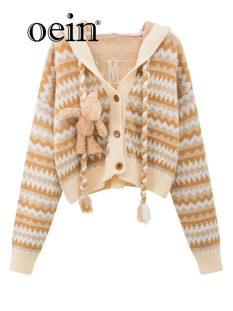 [oein] 2024 Autumn And Winter Teddy Bear Top Hooded Knitted Short Sleeved Sweater Cardigan For Women New Jacket