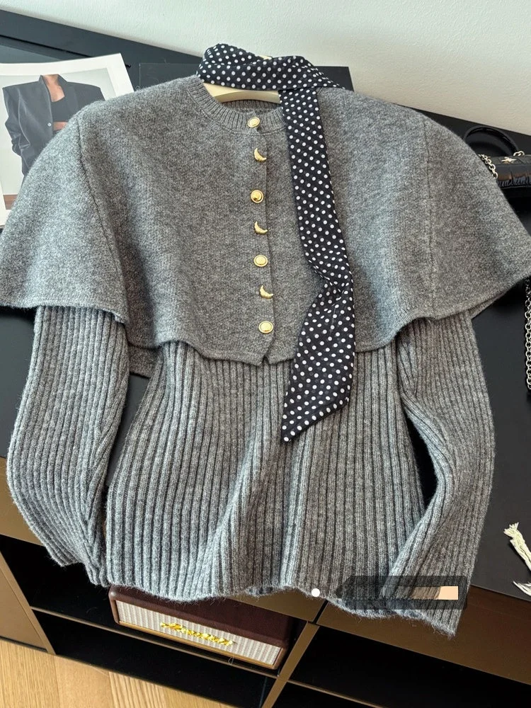 

ay Knitted Cloak Cardigan oulder Wrap Thiened Inner irt Slim Fit Top Women's Spring Two-Piece Set Korean Sle Long S...