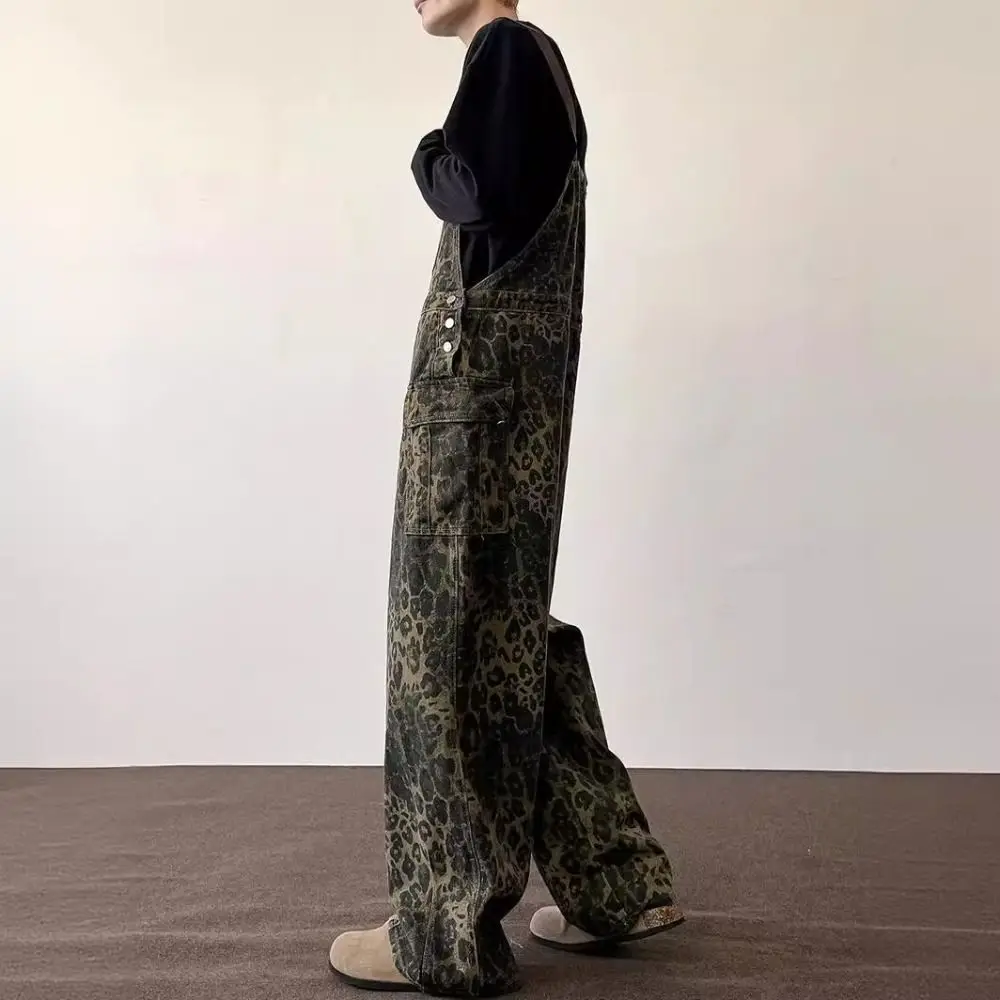 Monos holgados con estampado de leopardo para mujer, peleles de pierna ancha y cintura alta, pantalones Retro con estampado de leopardo de pierna recta Y2k