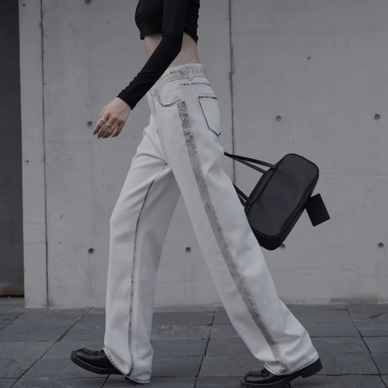 Korean Waist Baggy Jeans For Women 2024 Fashion Straight Wide Leg Pants Black Side White Denim Trousers Y2k Streetwear Female