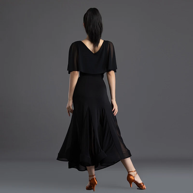 Womens Ballroom Dance Dress Adults Black Mesh Long Skirt Set Waltz Prom Competition Training Wear Dance Practice Dress XH1290