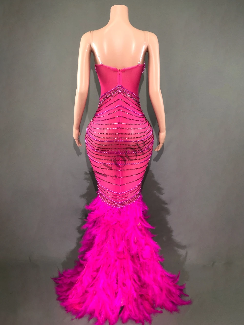 Sparkly Rhinestones Pearls Feathers Long Dress for Women Hot Pink Birthday Celebrate Wedding Evening Prom Dress Photo Shoot Wear