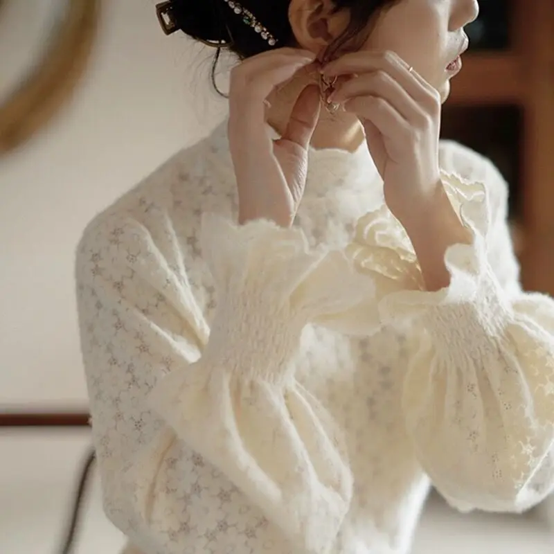 Lace High Collar Lined Thiened Base Women's Autumn Winter Faionable Warm Top Korean Sle Long Sleeve TT79