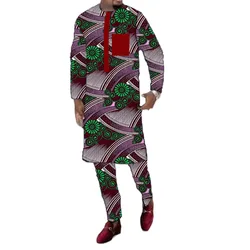 Original Design Wax Print Men's Set Private Size Long Sleeve Shirt+Pant Tailor Made African Traditional Wedding/Party Groom Suit