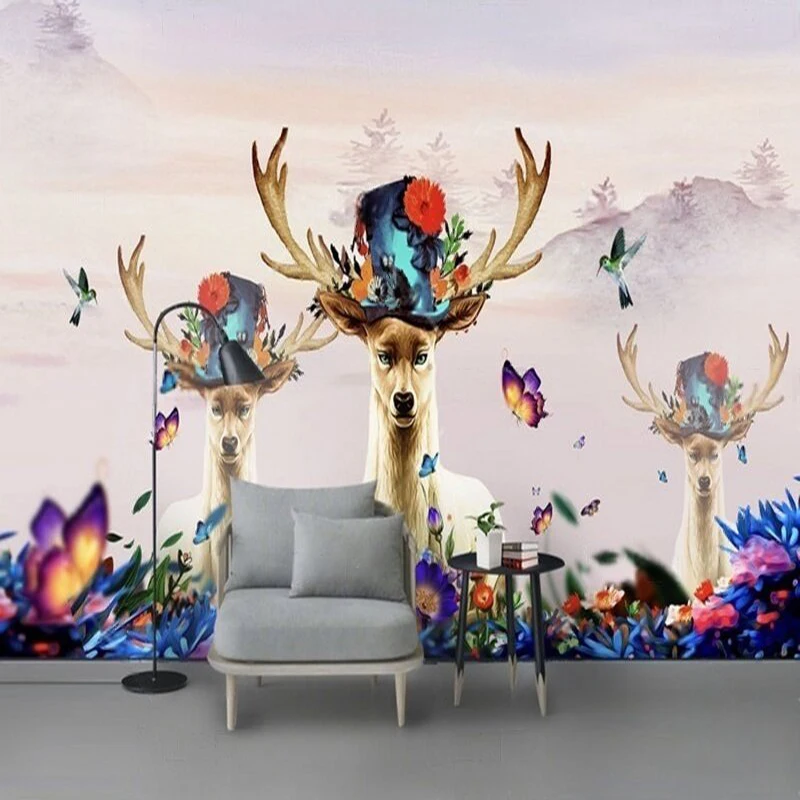 Modern and beautiful autumn 3d stereoscopic forest deer relief bedroom home decoration background wall customization